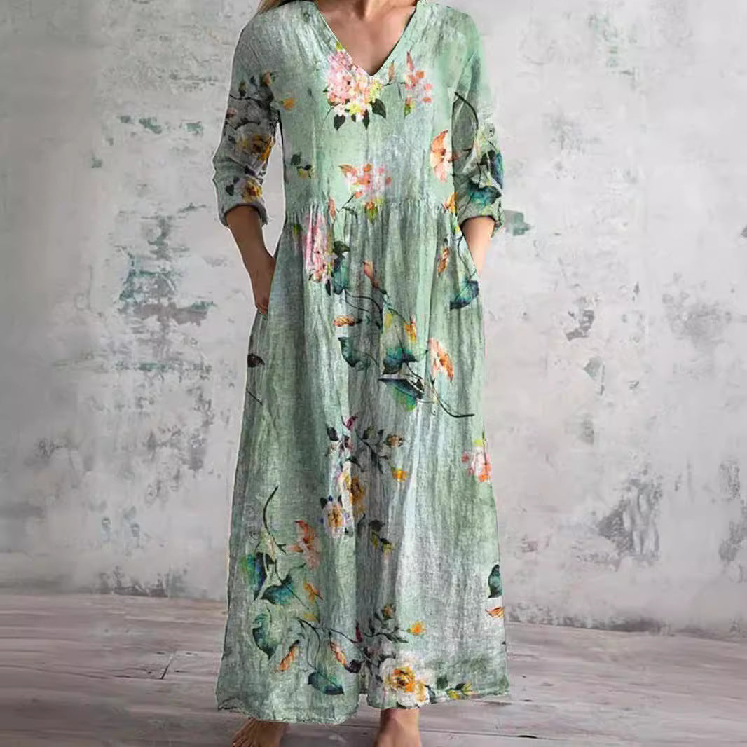 Bloemenjurk Dames – Losse Maxi-jurk met Lange Mouwen en Zakken-Boutique Moda