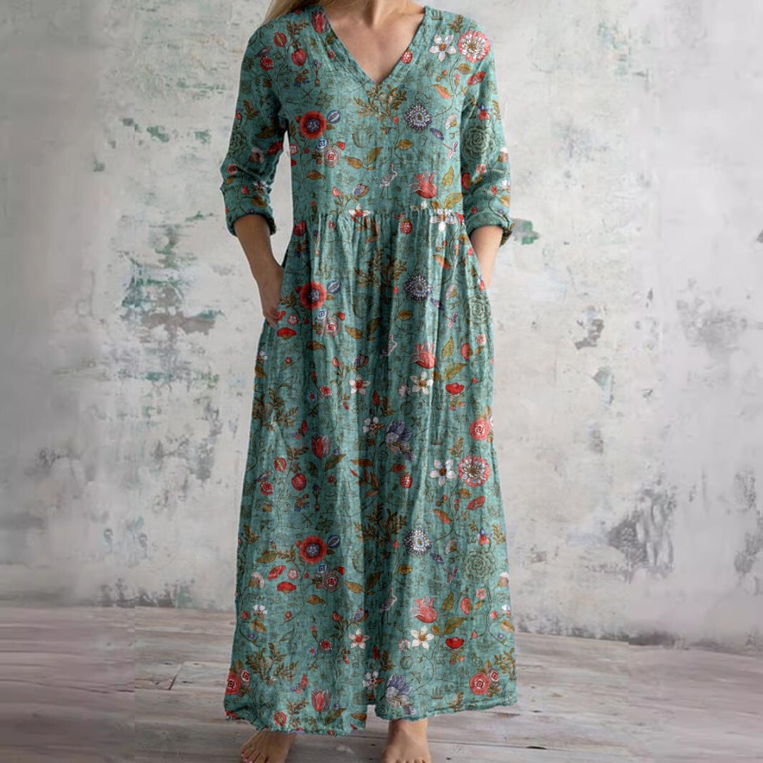Bloemenjurk Dames – Losse Maxi-jurk met Lange Mouwen en Zakken-Boutique Moda