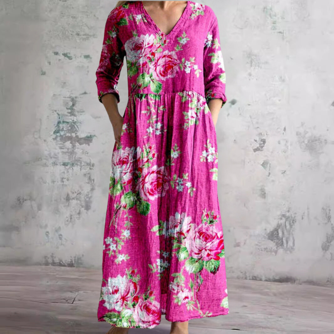 Bloemenjurk Dames – Losse Maxi-jurk met Lange Mouwen en Zakken-Boutique Moda