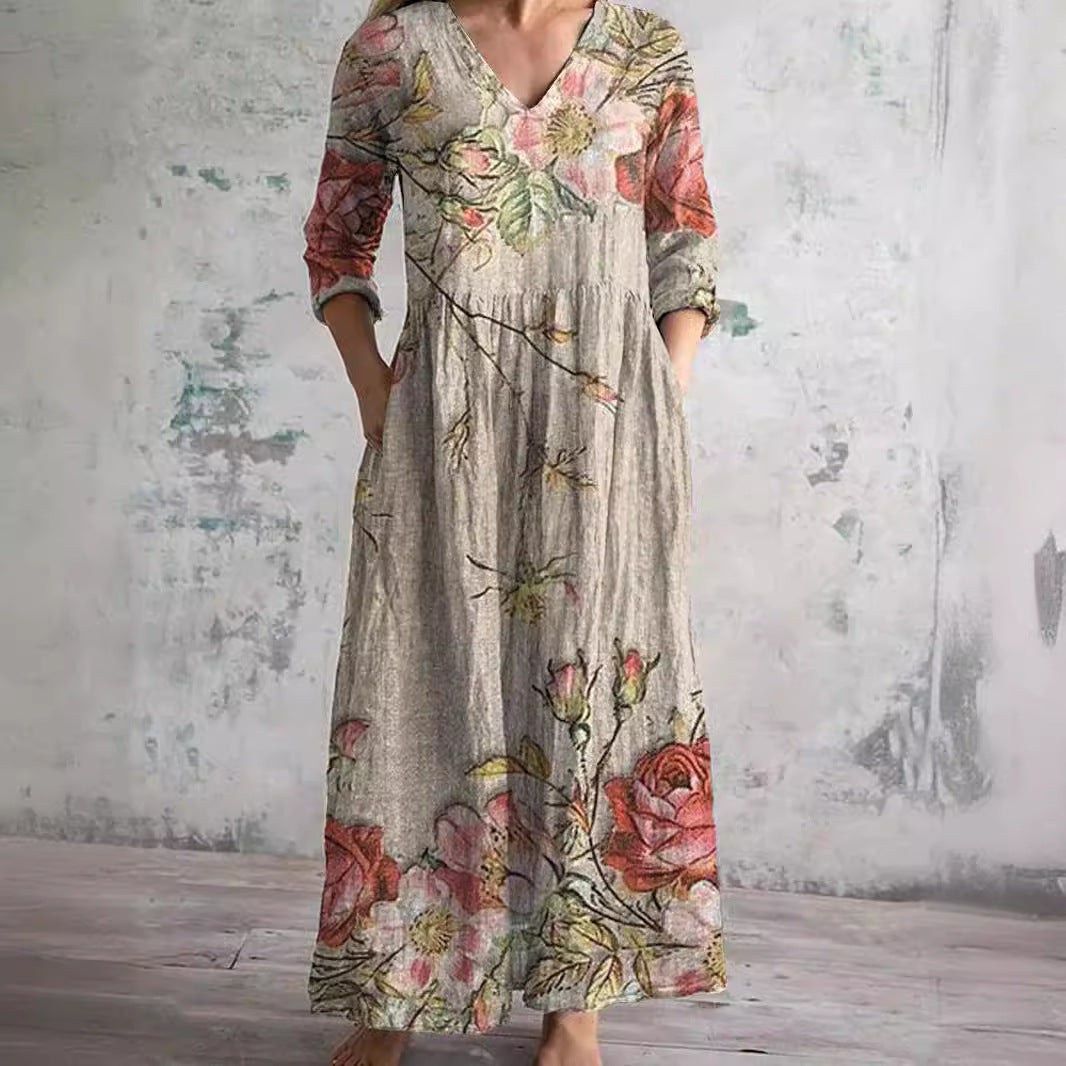 Bloemenjurk Dames – Losse Maxi-jurk met Lange Mouwen en Zakken-Boutique Moda