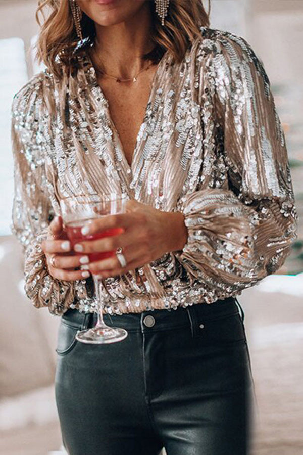 Blouse, Lange Mouw, Glitter, Pailletten Top, Feestelijke Topjes-Boutique Moda
