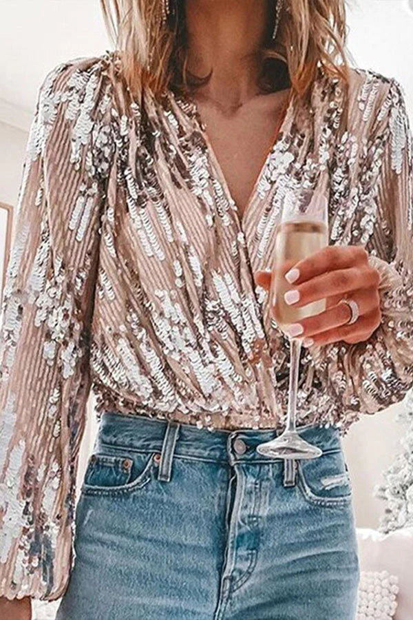 Blouse, Lange Mouw, Glitter, Pailletten Top, Feestelijke Topjes-Boutique Moda