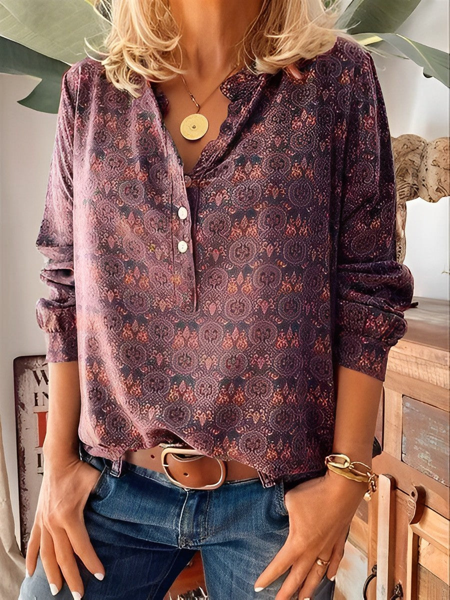 Blouse - Vrouwen Lange Mouw V-Hals Vintage Blouse-Boutique Moda