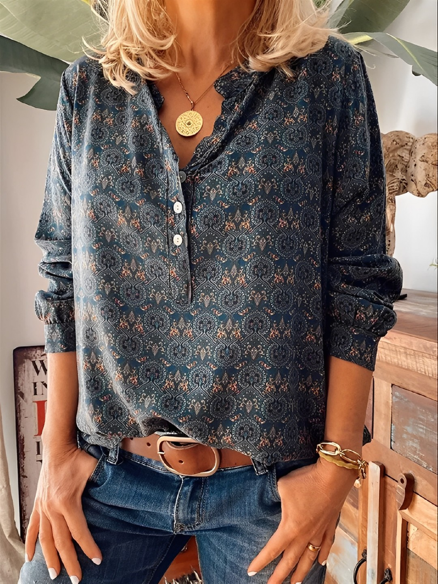 Blouse - Vrouwen Lange Mouw V-Hals Vintage Blouse-Boutique Moda