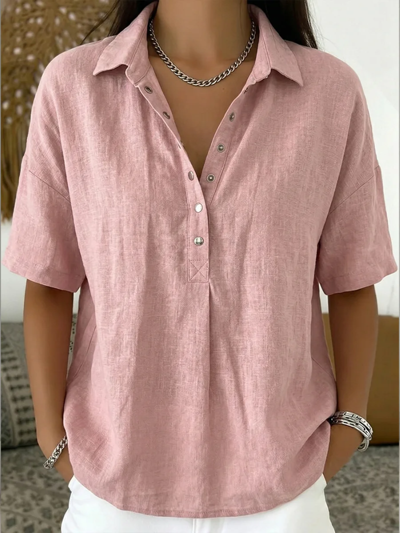 Blouse met korte mouwen – Casual damesblouse met kraag en knoopsluiting-Boutique Moda