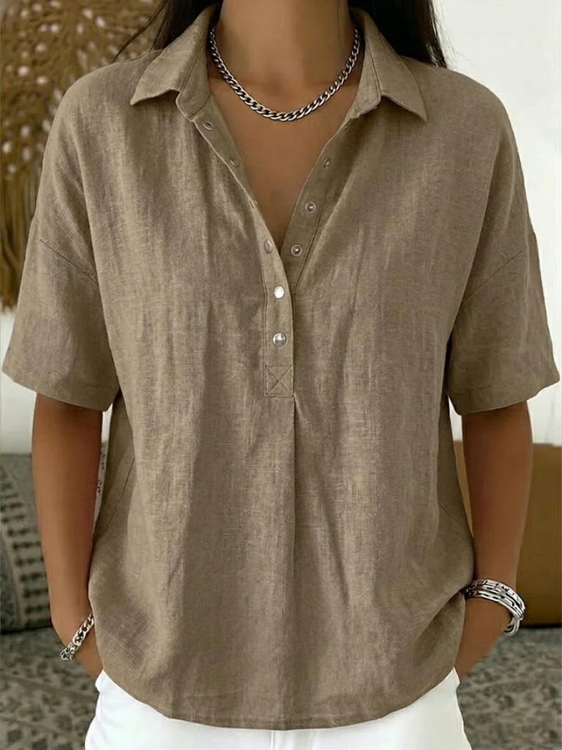 Blouse met korte mouwen – Casual damesblouse met kraag en knoopsluiting-Boutique Moda