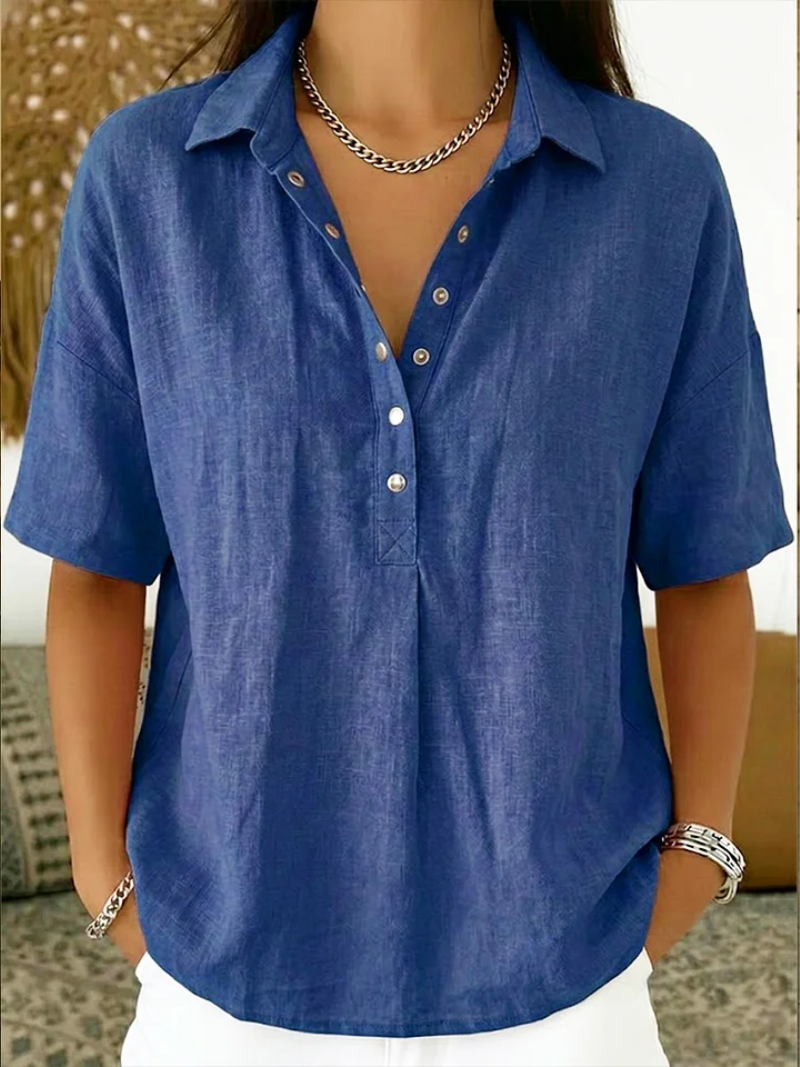 Blouse met korte mouwen – Casual damesblouse met kraag en knoopsluiting-Boutique Moda