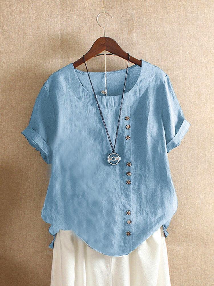 Blouse met korte mouwen - Lichtgewicht losvallende blouse met knoopsluiting voor dames-Boutique Moda