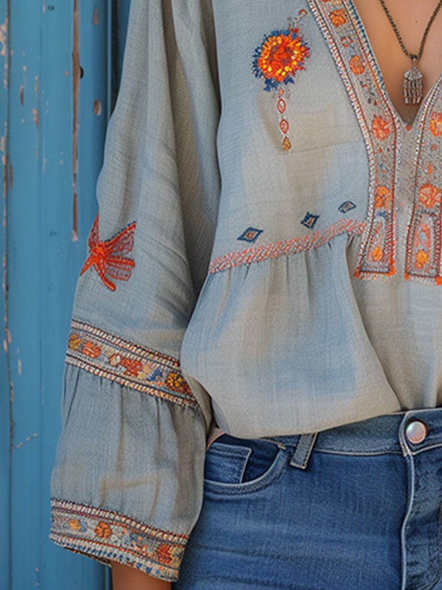 Boho Blouse | Losjes Positie | Geborduurd | Blouse Met Lange Mouwen | Zomer Blouse voor Vrouwen-Boutique Moda