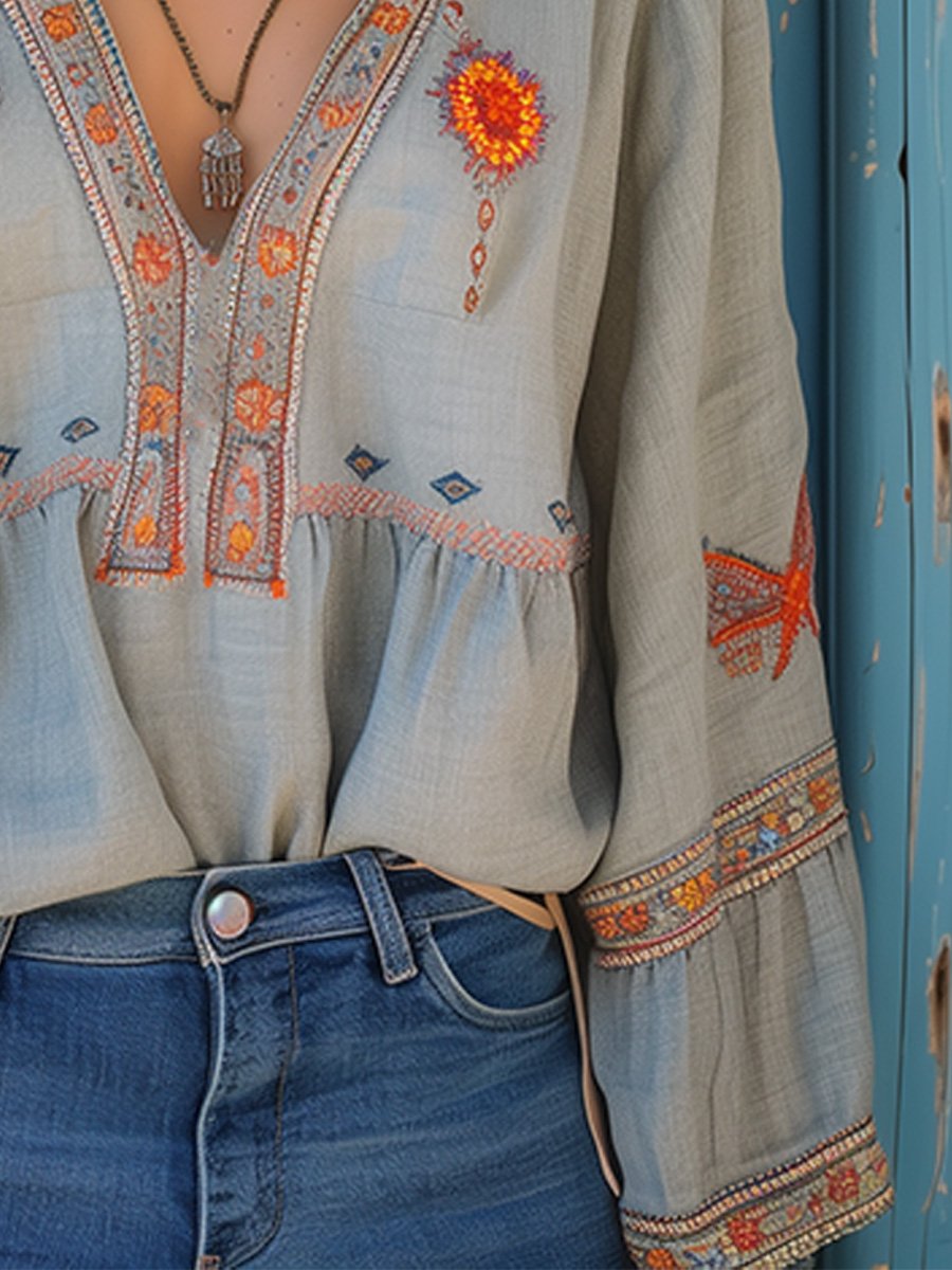 Boho Blouse | Losjes Positie | Geborduurd | Blouse Met Lange Mouwen | Zomer Blouse voor Vrouwen-Boutique Moda