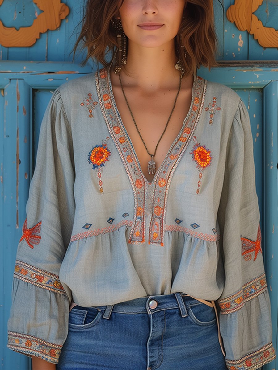 Boho Blouse | Losjes Positie | Geborduurd | Blouse Met Lange Mouwen | Zomer Blouse voor Vrouwen-Boutique Moda