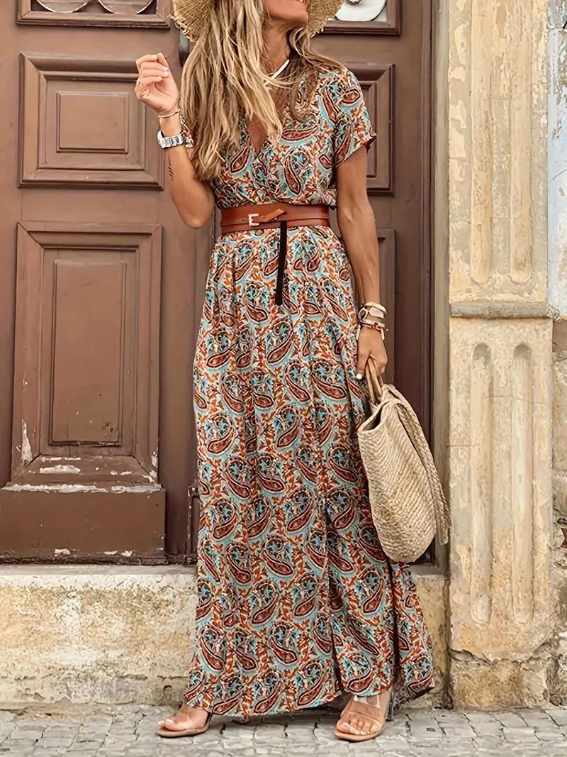 Boho Jurk, Korte Mouw, Riem, Maxi Jurk, Zomerjurk-Boutique Moda