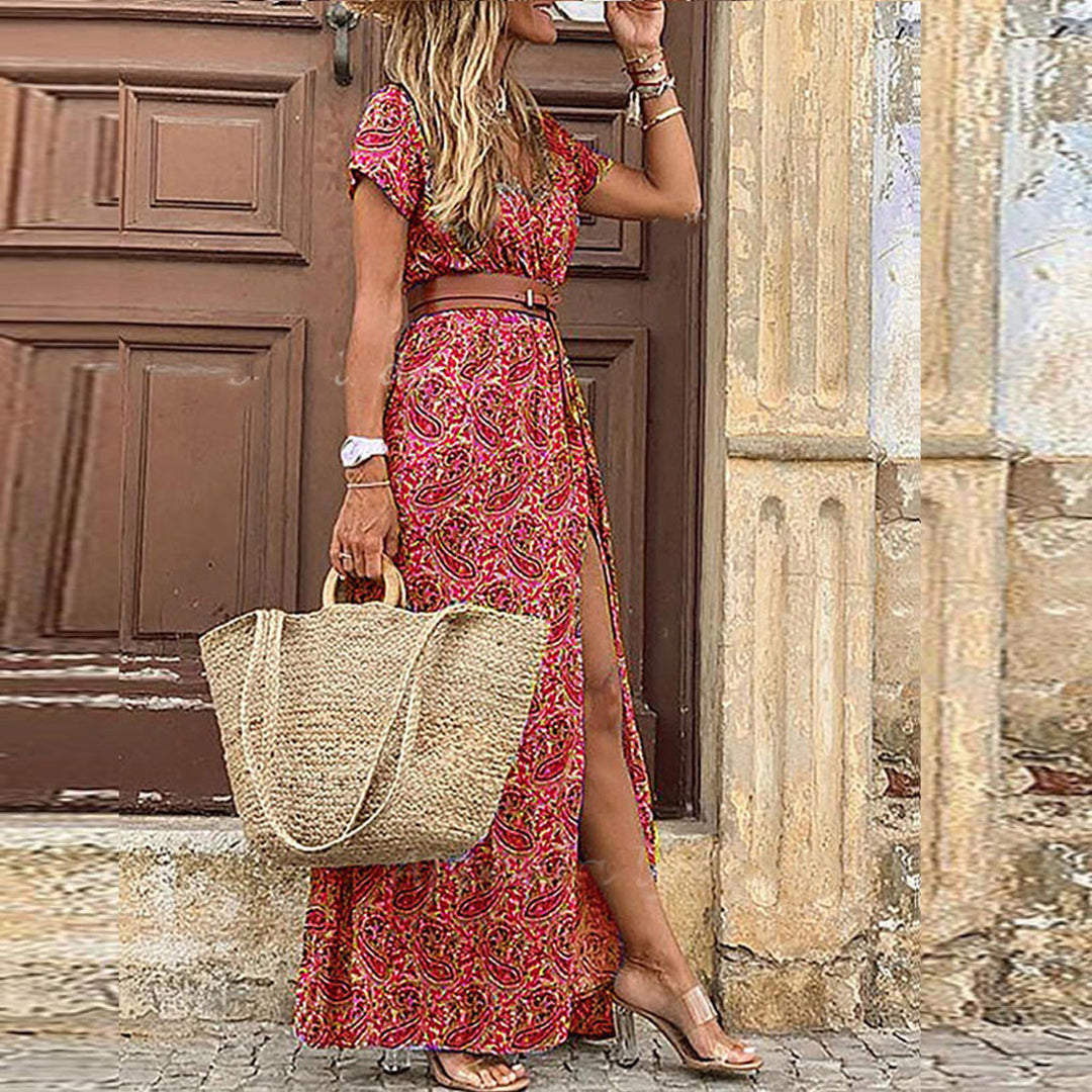 Boho Jurk | Korte Mouw | Riem | Maxi Jurk | Zomerjurk-Boutique Moda