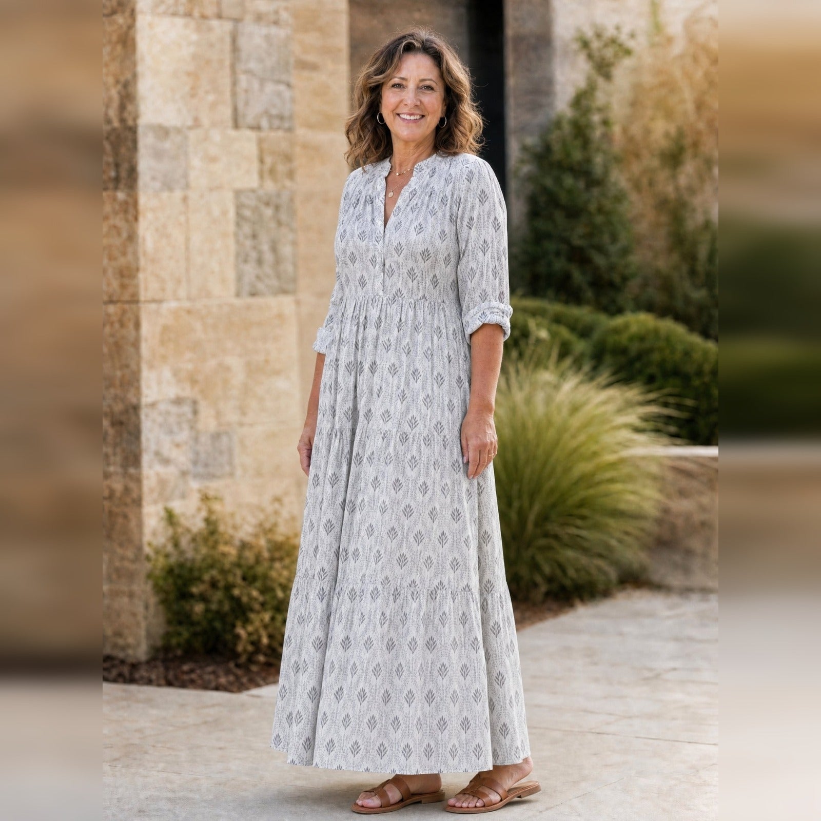 Boho Maxi-jurk Dames – Lange Mouw, V-hals & Print Zomerjurk-Boutique Moda