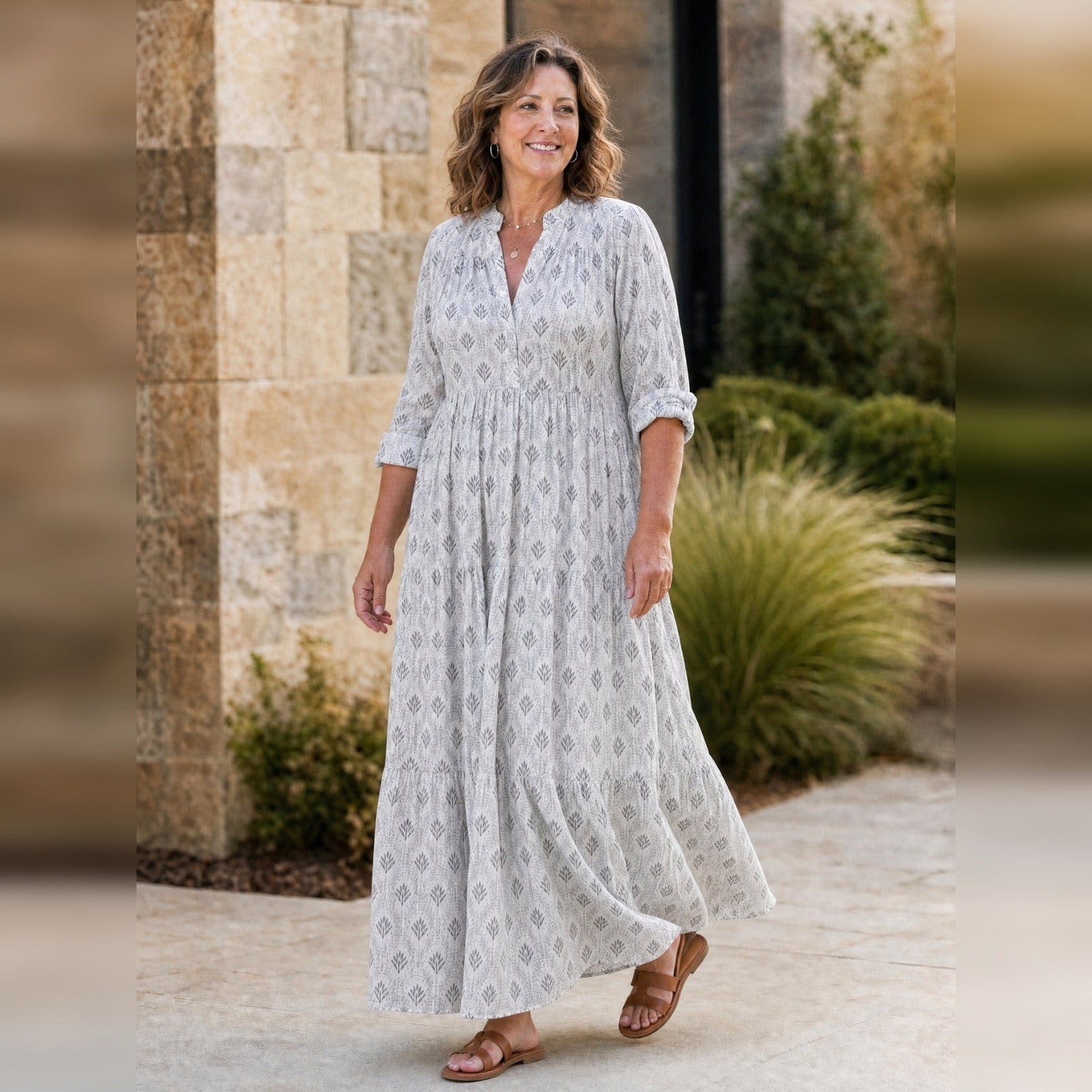 Boho Maxi-jurk Dames – Lange Mouw, V-hals & Print Zomerjurk-Boutique Moda