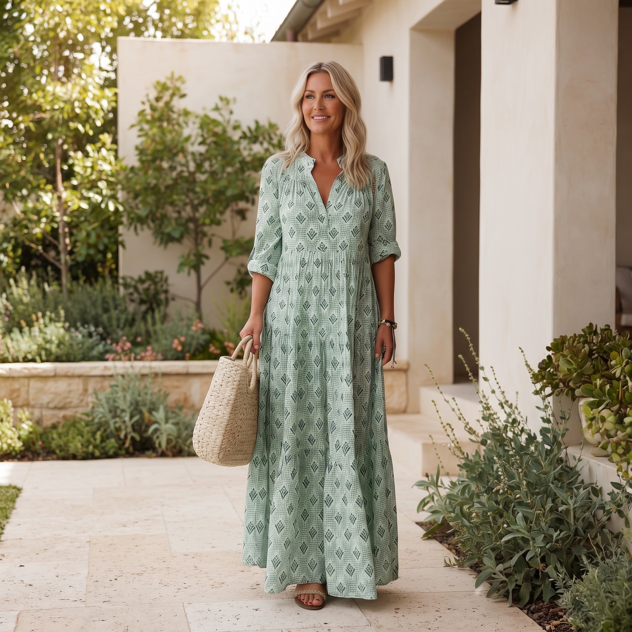 Boho Maxi-jurk Dames – Lange Mouw, V-hals & Print Zomerjurk-Boutique Moda