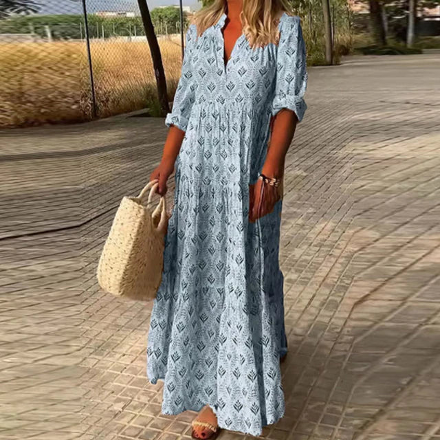 Boho Maxi-jurk Dames – Lange Mouw, V-hals & Print Zomerjurk-Boutique Moda