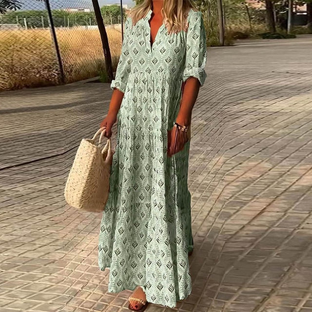 Boho Maxi-jurk Dames – Lange Mouw, V-hals & Print Zomerjurk-Boutique Moda