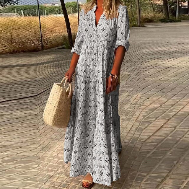 Boho Maxi-jurk Dames – Lange Mouw, V-hals & Print Zomerjurk-Boutique Moda