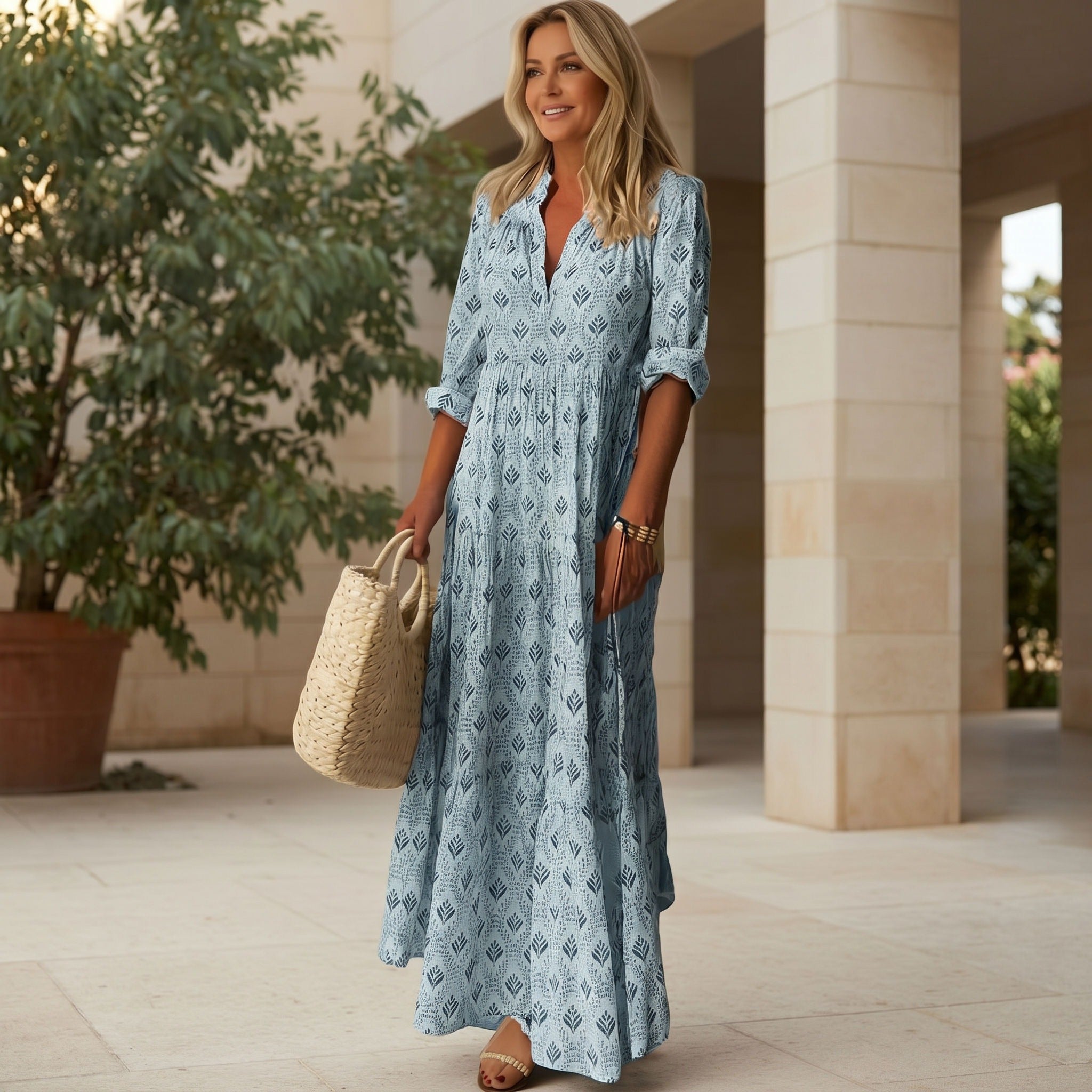 Boho Maxi-jurk Dames – Lange Mouw, V-hals & Print Zomerjurk-Boutique Moda