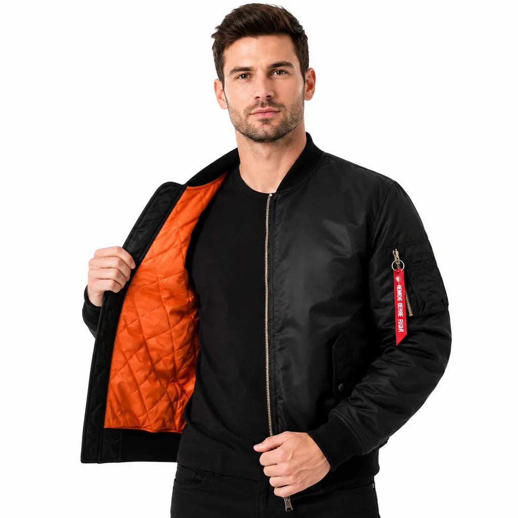 Zwart bomberjack heren met oranje gewatteerde voering - Boutique Moda