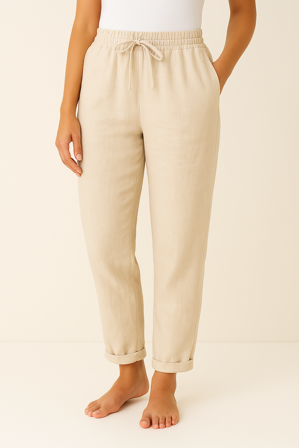 Broek met koord | Elastische Taille | Rechte Pijp | Linnen Broek | Damesbroek-Boutique Moda