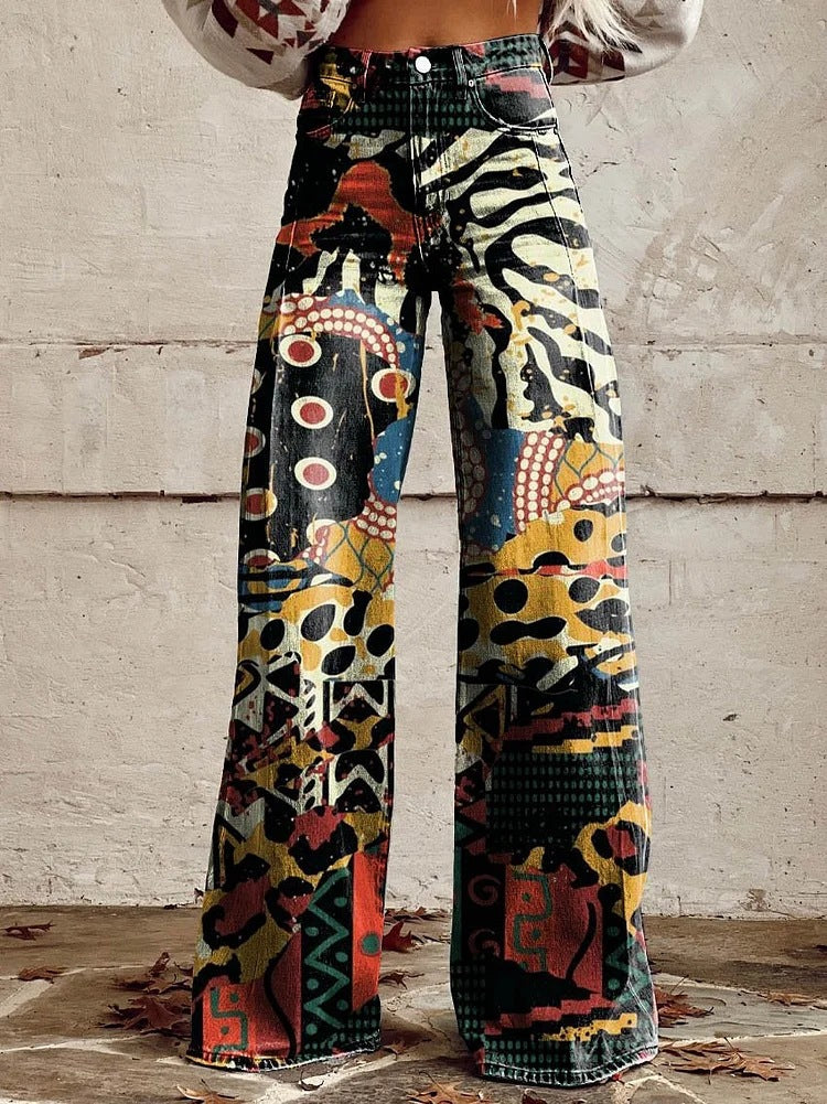 Broek met wijde pijpen - Bedrukt - Hoge taille - Zomerbroek - Damesjeans-Boutique Moda