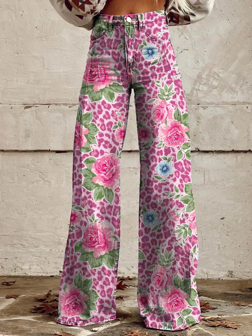Broek met wijde pijpen - Bedrukt - Hoge taille - Zomerbroek - Damesjeans-Boutique Moda