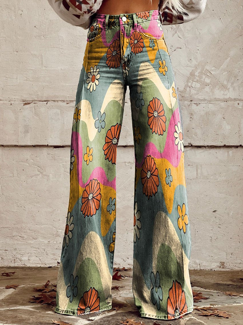 Broek met wijde pijpen - Bedrukt - Hoge taille - Zomerbroek - Damesjeans-Boutique Moda