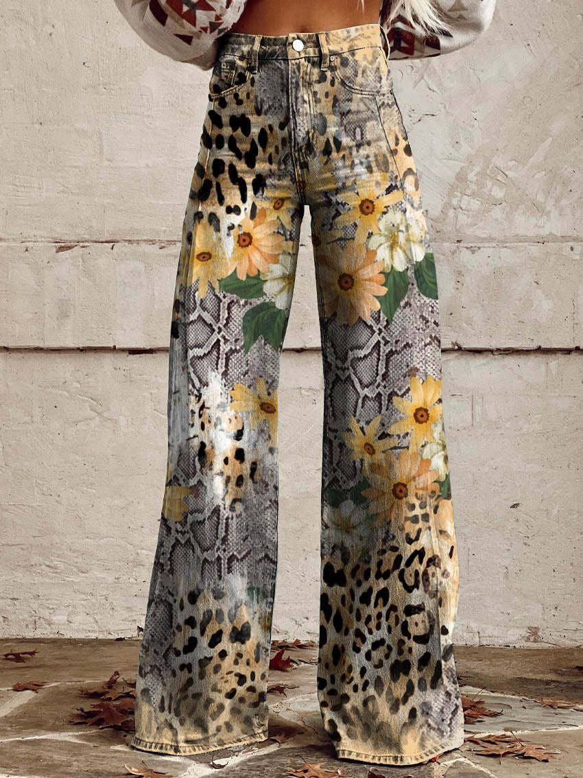 Broek met wijde pijpen - Bedrukt - Hoge taille - Zomerbroek - Damesjeans-Boutique Moda