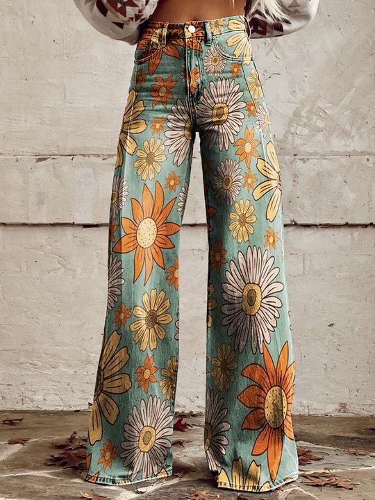 Broek met wijde pijpen - Bedrukt - Hoge taille - Zomerbroek - Damesjeans-Boutique Moda