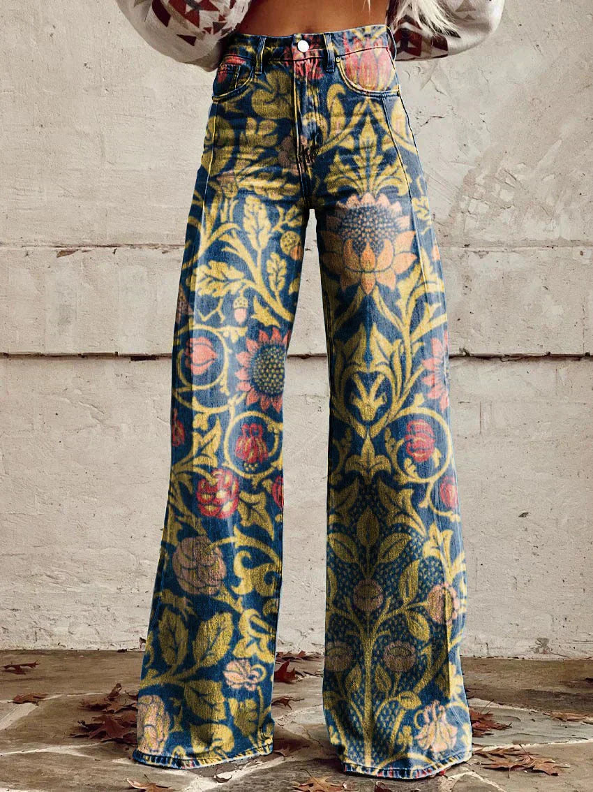 Broek met wijde pijpen - Bedrukt - Hoge taille - Zomerbroek - Damesjeans-Boutique Moda