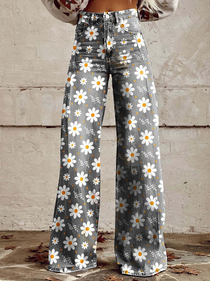 Broek met wijde pijpen - Bedrukt - Hoge taille - Zomerbroek - Damesjeans-Boutique Moda