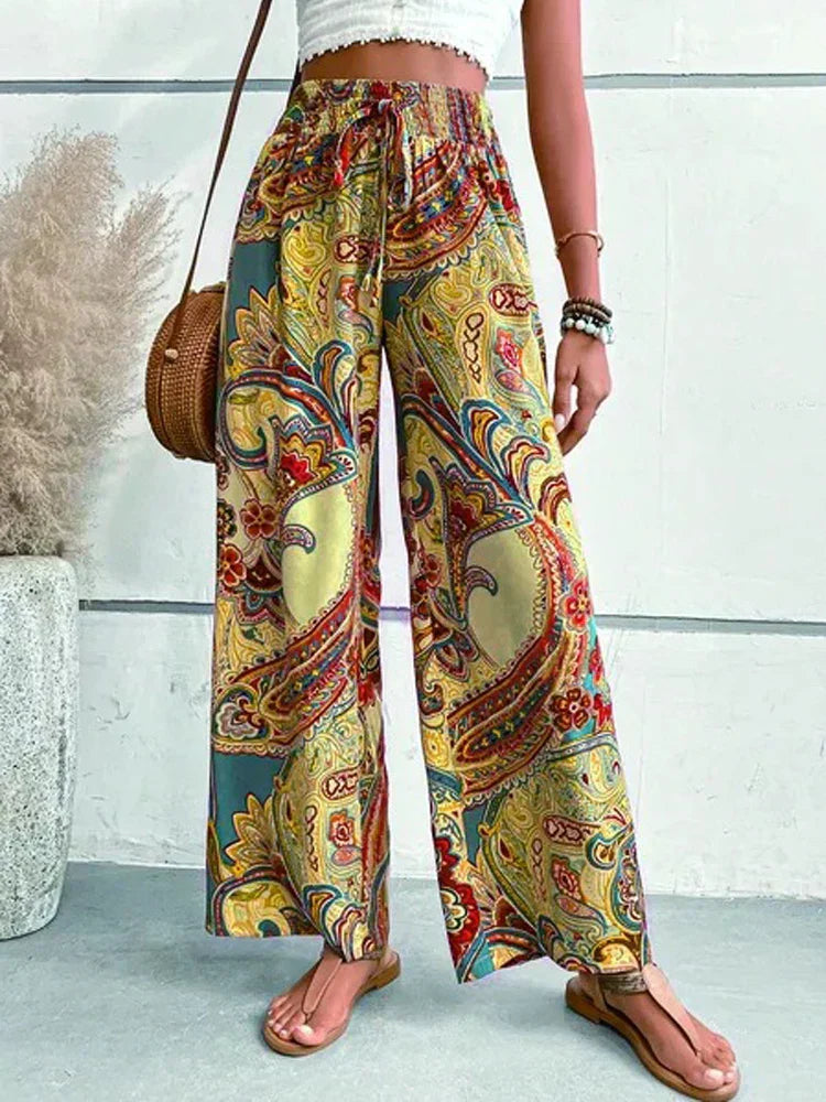 Broek met wijde pijpen | Boho | Gerimpelde taille | Zomerbroek | Damesbroek-Boutique Moda