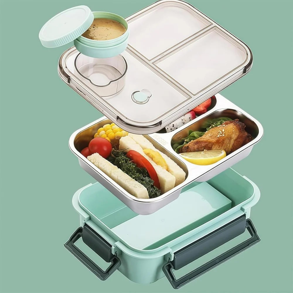 Broodtrommel RVS | Bento Lunchbox 3 Vakken | Sauskommetje en Bestek-Boutique Moda