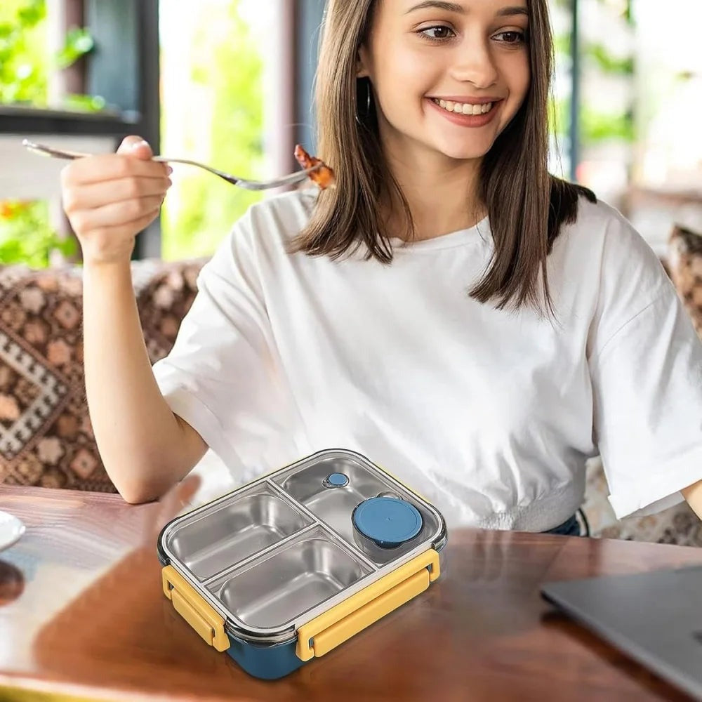 Broodtrommel RVS | Bento Lunchbox 3 Vakken | Sauskommetje en Bestek-Boutique Moda