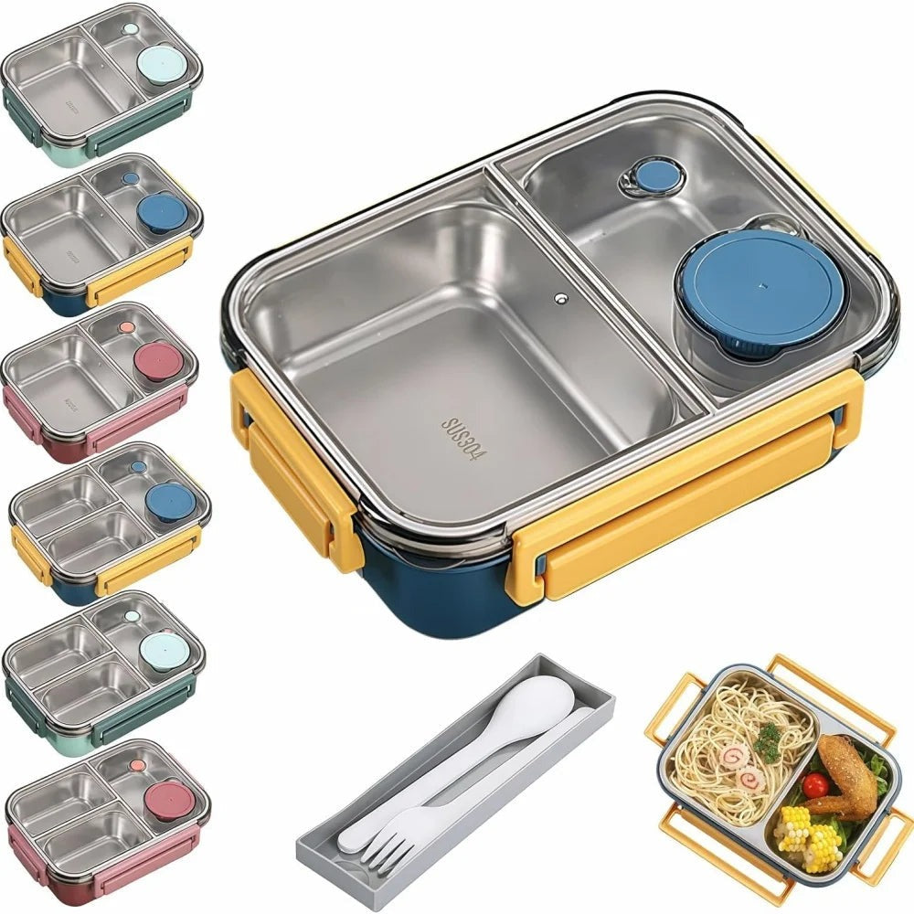 Broodtrommel RVS | Bento Lunchbox 3 Vakken | Sauskommetje en Bestek-Boutique Moda