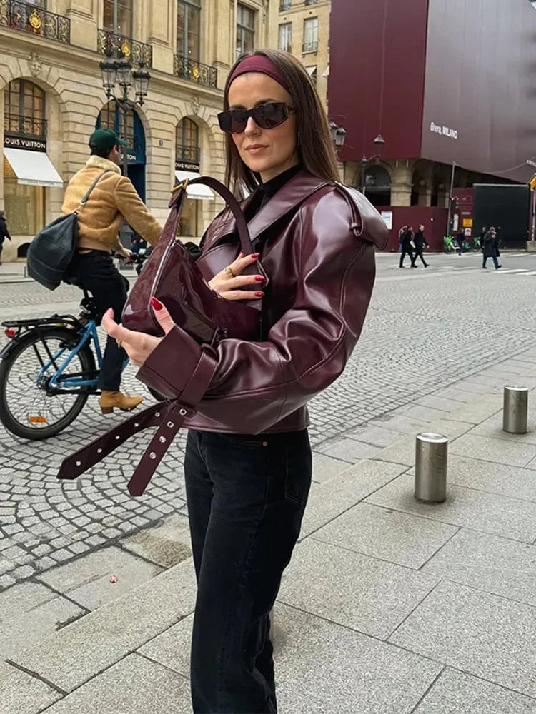 Burgundy Leren Jas - Dames Leren Bikerjas met Riem-Boutique Moda