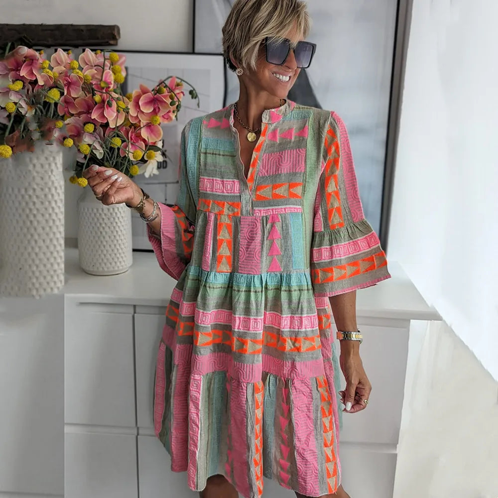 Casual Jurk - Dames Loose Fit Knielange Jurk met Lange Mouwen-Boutique Moda