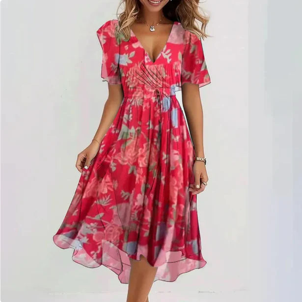 Chiffon jurk | V-hals | Vlindermouw | Midi jurk | Elegante jurk-Boutique Moda
