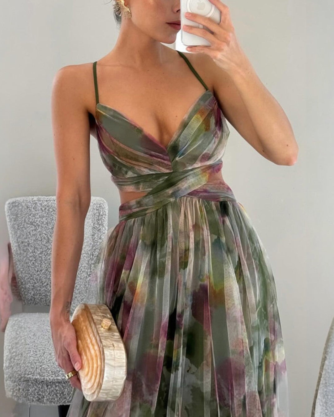Chiffonjurk | Mouwloos | Geplooid | Jurk met uitsnijdingen | Maxi-jurk-Boutique Moda