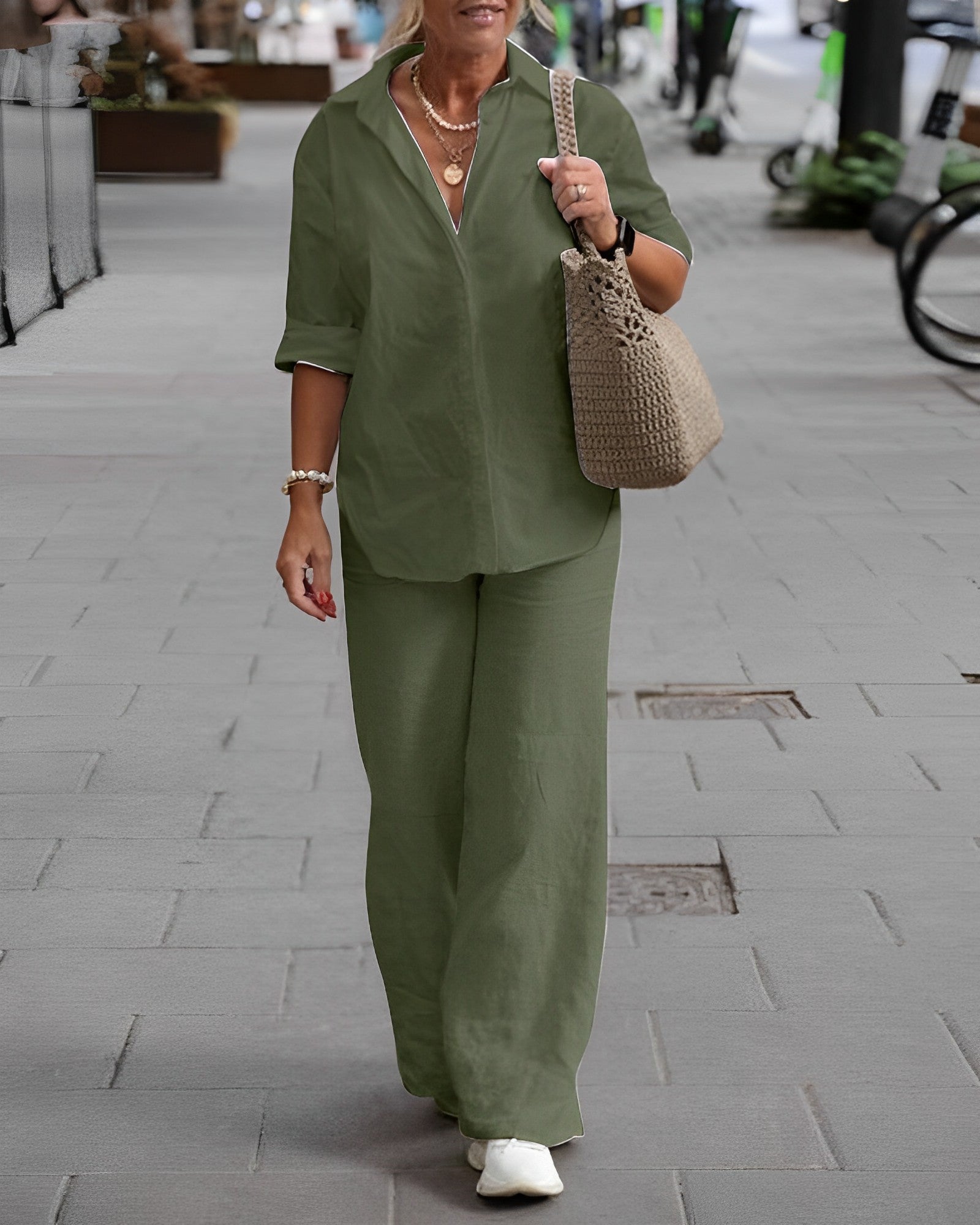 Co-Ord Set - Lange mouwen - Wijde pijpen - Linnen tweedelige set - Dameskleding-Boutique Moda