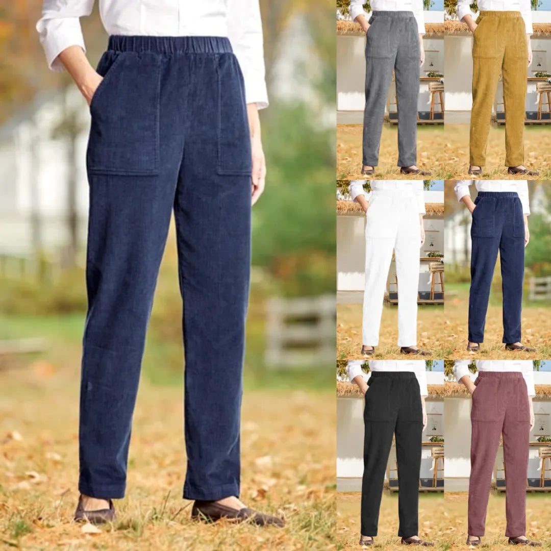 Corduroy Broek - Dames Casual Elastische Taille Rechte Pijp Koordbroek-Boutique Moda