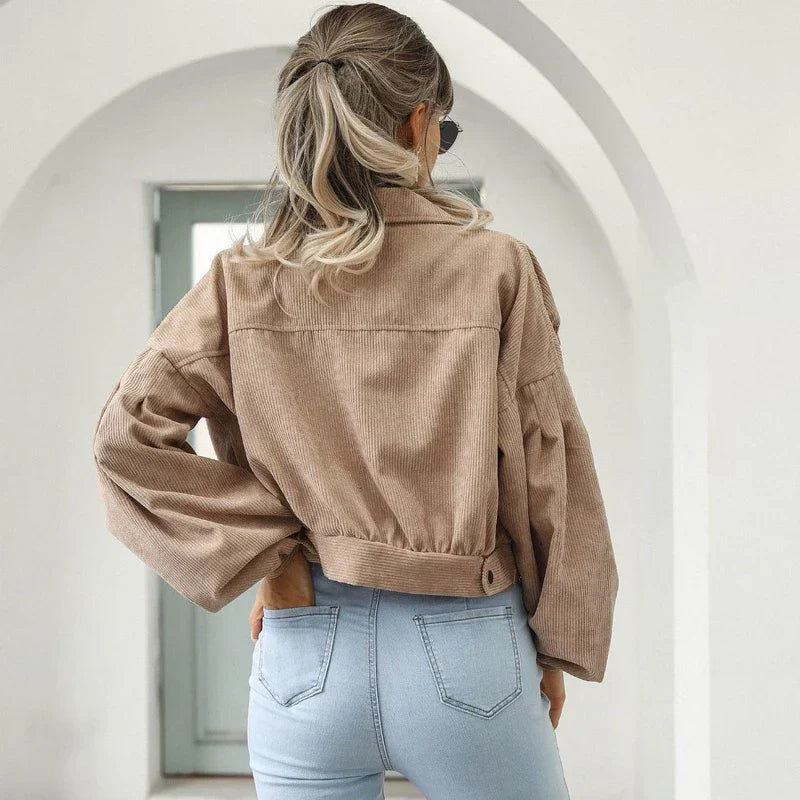 Corduroy Jas | Button-Up | Lantaarn Mouw | Cropped Jas | Bomberjack voor Vrouwen-Boutique Moda