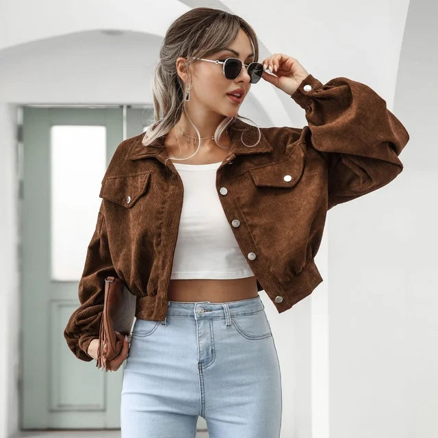 Corduroy Jas | Button-Up | Lantaarn Mouw | Cropped Jas | Bomberjack voor Vrouwen-Boutique Moda