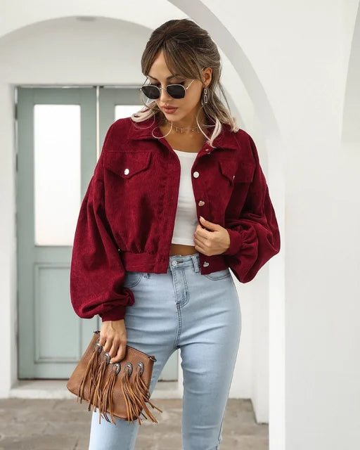 Corduroy Jas | Button-Up | Lantaarn Mouw | Cropped Jas | Bomberjack voor Vrouwen-Boutique Moda