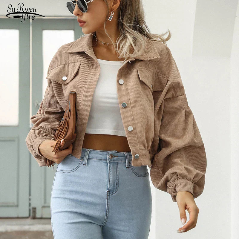 Corduroy Jas | Button-Up | Lantaarn Mouw | Cropped Jas | Bomberjack voor Vrouwen-Boutique Moda