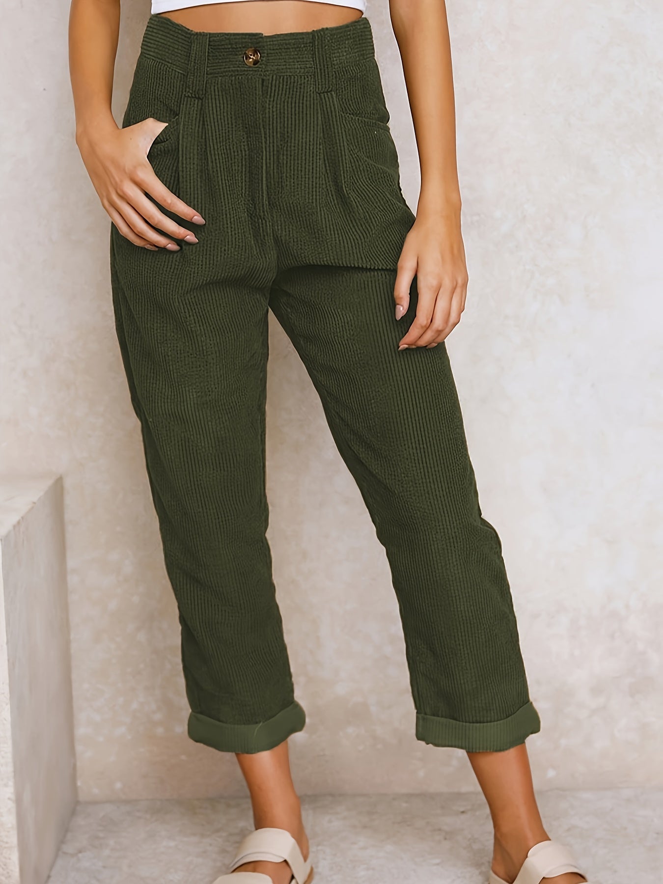 Corduroy broek - Losse pasvorm - Baggy - Hoge taille - Damesbroek-Boutique Moda