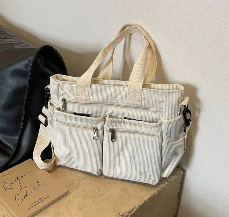 Corduroy tas - Multi-zak schoudertas met lange riem voor dames-Boutique Moda