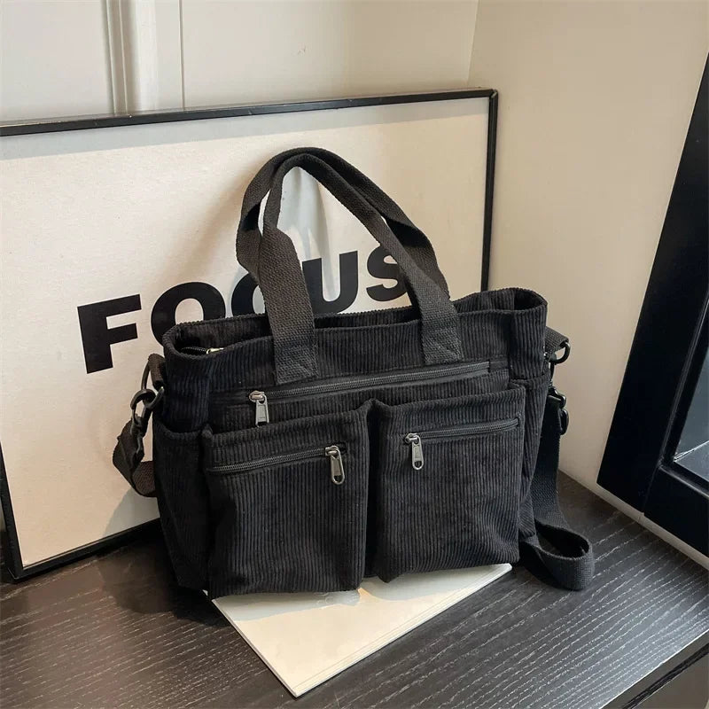 Corduroy tas - Multi-zak schoudertas met lange riem voor dames-Boutique Moda